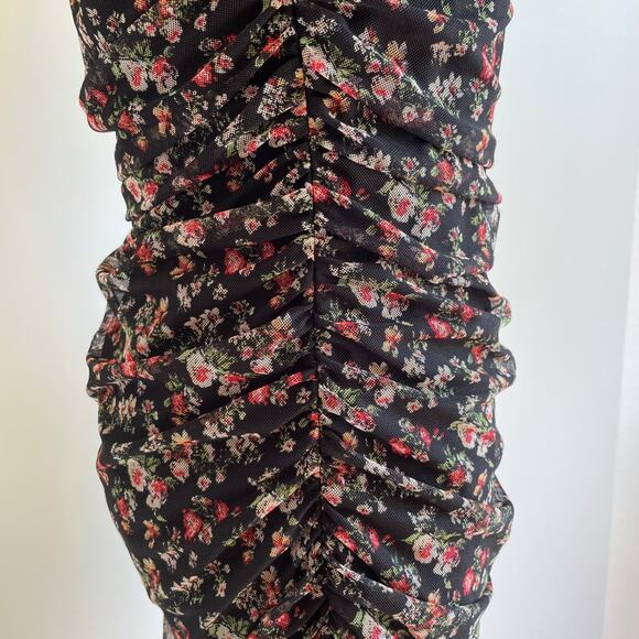 Dainty Floral Chiffon Lace Ruched Mini Dress Size L Black Fairy Whimsy Goth Y2k - Picture 4 of 11
